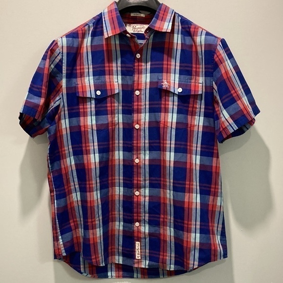 Original Penguin Blue Red Plaid Short Sleeve Classic Fit Button Up Shirt Large - Picture 4 of 11